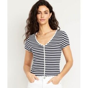 Old Navy Button-Front Top Women Large Tall Navy White Striped Lettuce Edge NWT